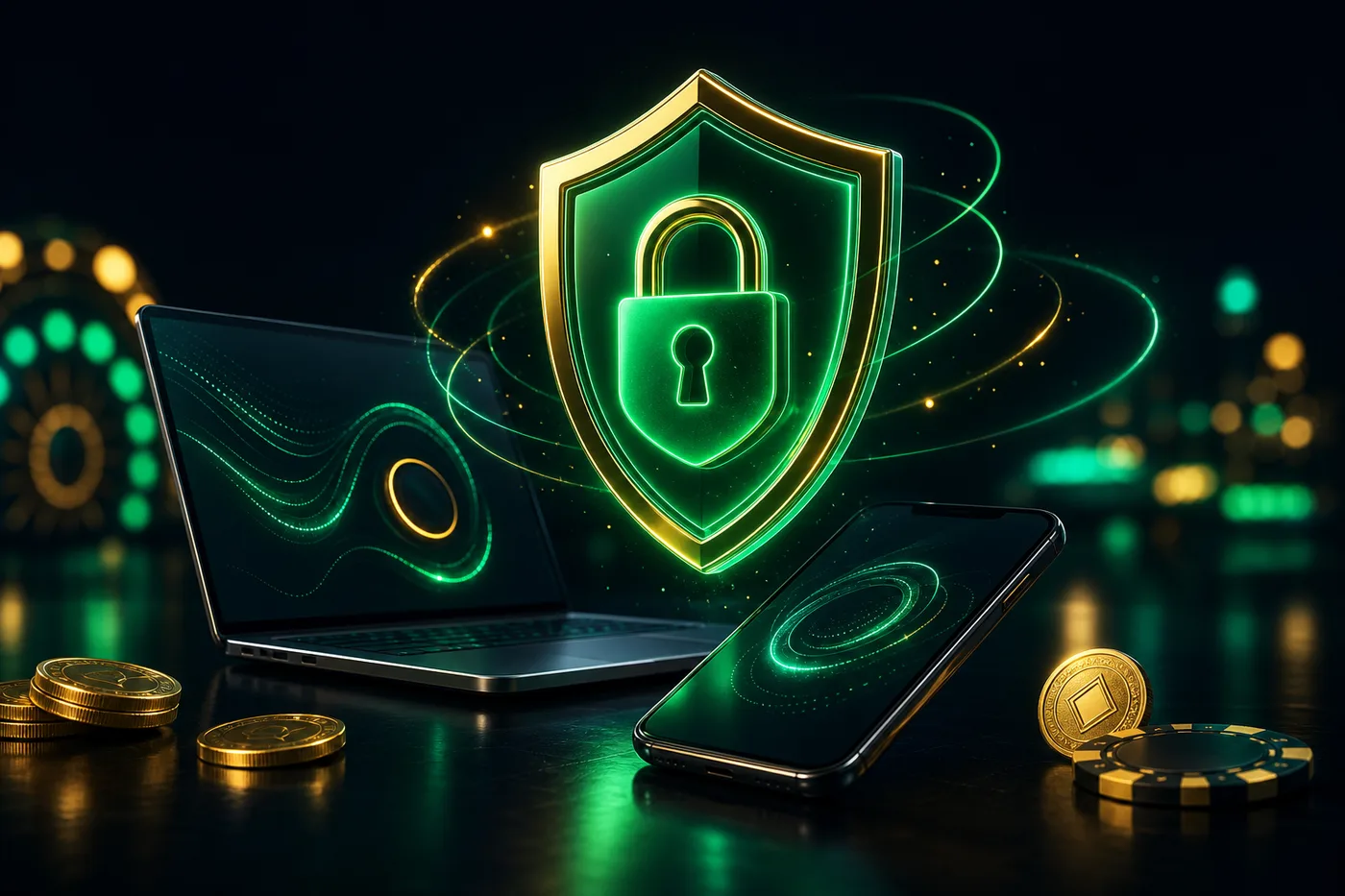 Escudo de protección de datos sobre un teléfono y un portátil